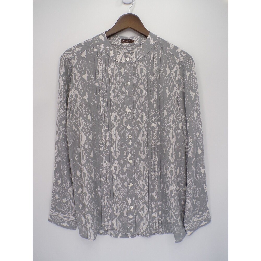 J McLaughlin Felipa Blouse 100% Silk Snake Print Button Pintuck Front Size Large